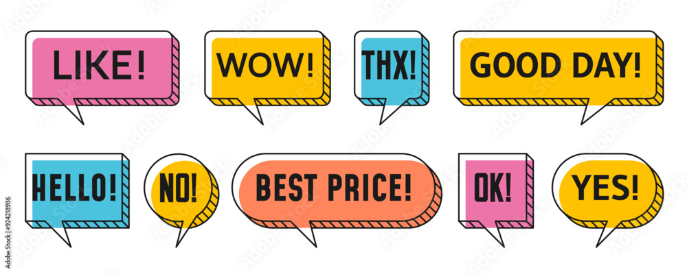 Leinwandbilder Memphis speech bubbles and chat message clouds with text, vector thin line art. Message bubble frames in Memphis style for Wow, Good Day and Hello, sale best price and Ok with Yes and No expressions