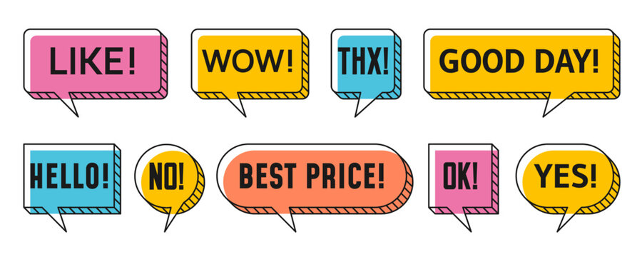 Memphis speech bubbles and chat message clouds with text, vector thin line art. Message bubble frames in Memphis style for Wow, Good Day and Hello, sale best price and Ok with Yes and No expressions