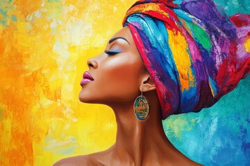 Colorful art portrait of a black woman with modern turban. African culture and fashion