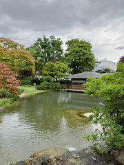 Obraz premium Serene Japanese Garden with Pond and Lush Greenery