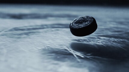Slow-motion shows a puck gliding on ice, highlighting its speed and precision nearing the goal.