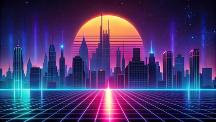 Retro futuristic 80s Synthwave cityscape with neon lights and vibrant colors, Synthwave, Retro, 80s, Futuristic, Neon, Cityscape