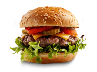 Hamburguer grande com muito recheio, carne e queijo