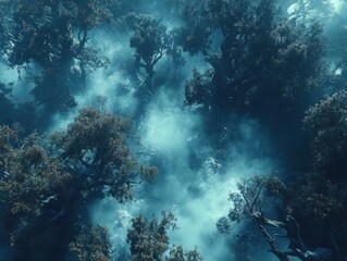 Obraz premium Aerial View of Misty Forest Canopy at Dawn: Trees Cloaked in Fog Creating a Mystical and Enchanting Natural Landscape Scene
