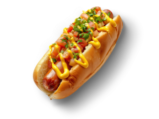 Cachorro quente recheado com salsicha, molhos e temperos