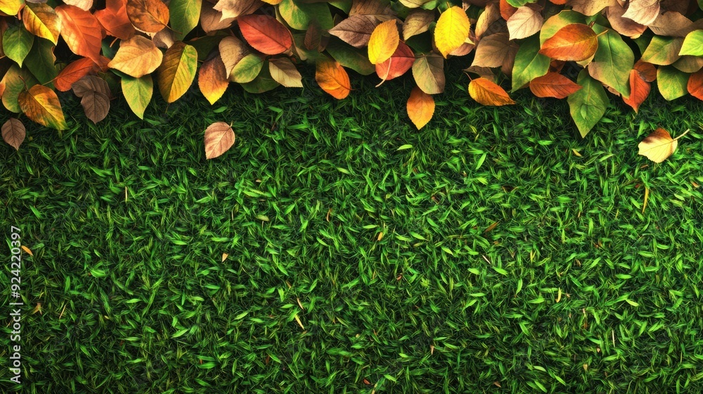 Poster A close up of a green grass field with colorful leaves, AI