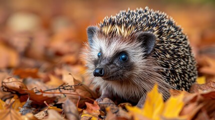 Fototapeta premium Cute hedgehog foraging in vibrant autumn foliage with brown and yellow leaves creating a lively and colorful natural habitat scene