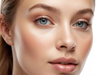 Fototapeta premium Close-up of a Woman's Face with Soft Makeup and Blue Eyes