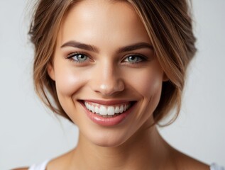 Fototapeta premium Close-up Portrait of a Smiling Woman with Blonde Hair and Blue Eyes