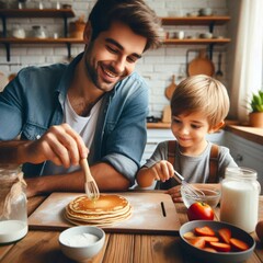 Father and son making pancakes.