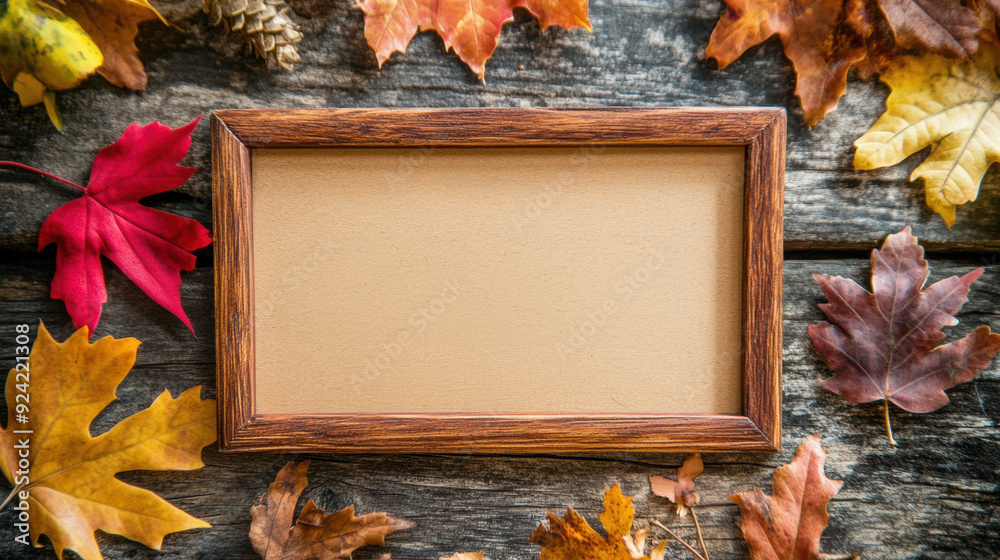 Canvas Prints A picture frame on a wooden table surrounded by autumn leaves, AI