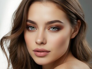Naklejka premium Close-up Portrait of a Woman with Brown Hair and Soft Makeup