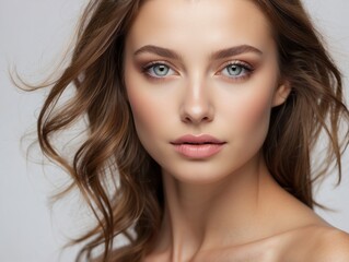 Fototapeta premium Close-up Portrait of a Woman with Brown Hair and Blue Eyes