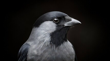   A close-up photo of a monochromatic bird on a dark background
