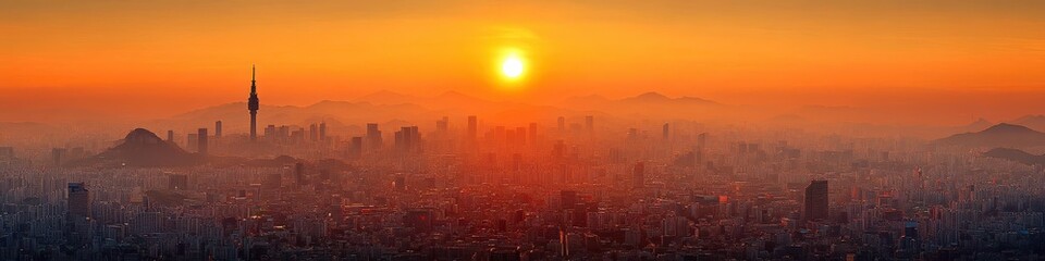 Stunning Panoramic View of the City Skyline at Sunrise with Prominent Orange and Red Hues, Featuring a Tower Amidst the Urban Landscape
