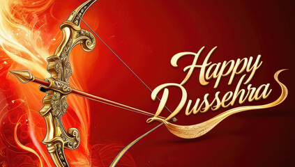 Golden bow and arrow with "Happy Dussehra" text on a red background, symbolizing the Indian festival of Dussehra.