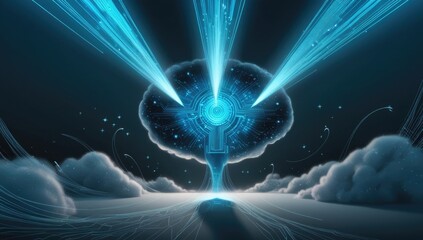AI core with bright blue rays and dynamic energy lines, representing technological advancement in a digital landscape.