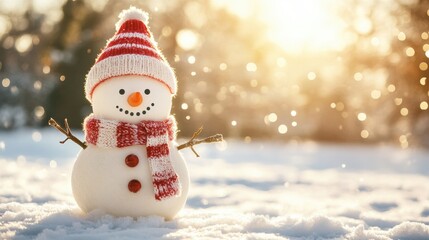 A snowman wearing a red and white hat sitting in the middle of some snowy ground, AI