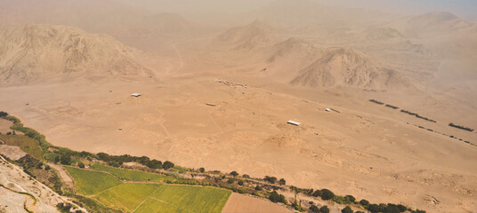 Aerial view the Sacred City of Caral, is an archaeological site located in the Supe valley, near the current town of Caral, 182 kilometers north of Lima, Peru