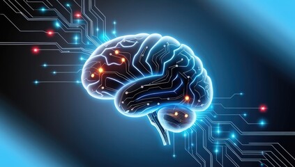 Futuristic human brain depicted as an electronic circuit with blue and red lights, representing AI and neural networks.