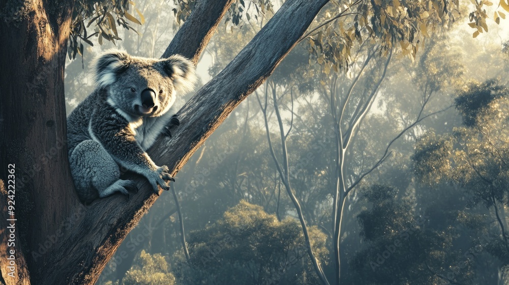 Poster A serene koala resting on a tree limb in a misty forest. The soft morning light filters through the leaves. This nature image captures the beauty of wildlife in a peaceful setting. AI