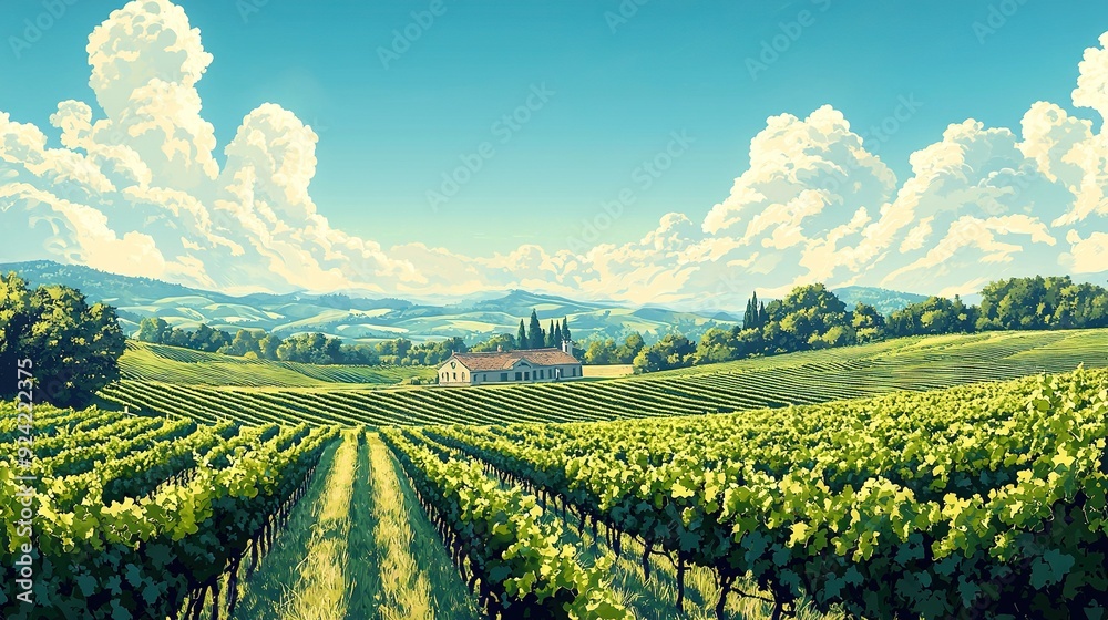 Wall mural a vineyard painting features a house, distant clouds, and hills/trees