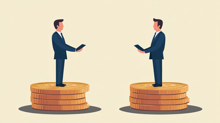 Two men standing on top of stacks of coins, one of them holding a book