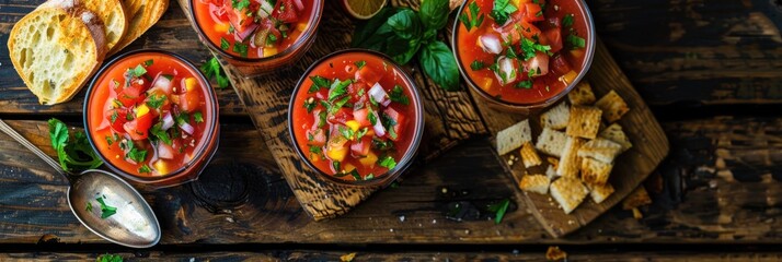Gazpacho Presented in Glasses with Crunchy Bread on a Wooden Surface, Viewed from Above