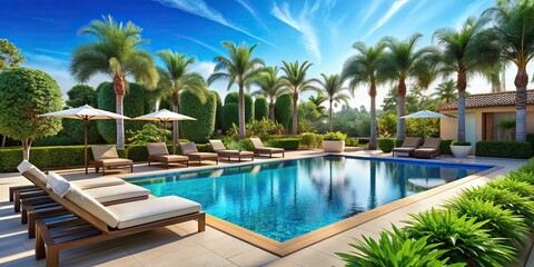 Fototapeta premium Luxurious summer resort poolside with modern amenities, lush greenery, and ultimate relaxation , vacation, poolside