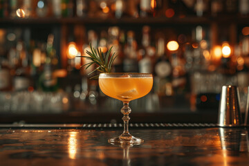 A beautiful alcoholic cocktail on the bar counter, an orange drink in an elegant glass with a sprig of rosemary, suitable for invitations and posters of the restaurant menu.