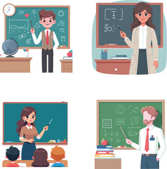 set collection flat design lecturer teacher teaching in front of blackboard vector