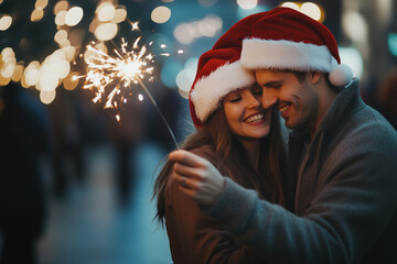 A couple joyfully celebrating the holidays in winter attire with sparklers against a festive backdrop at night