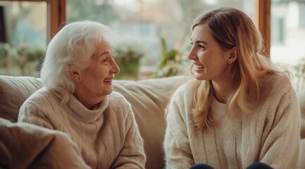 A happy health care, care worker visits the old woman's house and the two sit on the sofa together and have a pleasant conversation.