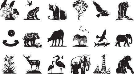 A straightforward vector icon set with a wildlife protection, biodiversity, renewable resources, and pollution prevention .icons in black and white style with isolated on white