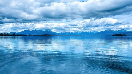 Obraz premium A vast expanse of water with mountainous backdrops in the background and cloudy skies overhead
