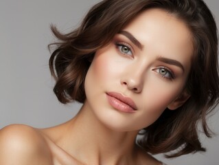 Fototapeta premium Close-up Portrait of a Woman with Brown Hair and Makeup