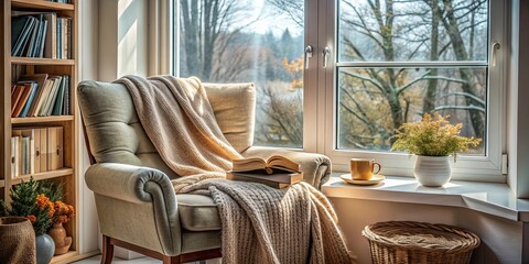 Cozy reading nook by the window with a soft blanket, books, and a comfy chair, reading, nook, cozy, window, books, chair