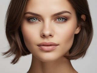 Fototapeta premium Close-up Portrait of a Woman with Short Brown Hair and Green Eyes