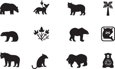 A straightforward vector icon set with a wildlife protection, biodiversity, renewable resources, and pollution prevention .icons in black and white style with isolated on white