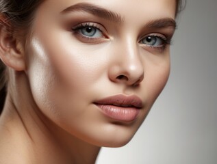 Fototapeta premium Close-up Portrait of a Woman with Blue Eyes and Perfect Skin