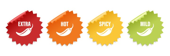 Realistic Vector Round Stickers with Spicy Chili Pepper Icon, Food Spicy Level. Red, Orange, Yellow, Green Jalapeno Pepper Strength Scale Sticker Indicators with Mild, Spicy, Hot and Extra Positions