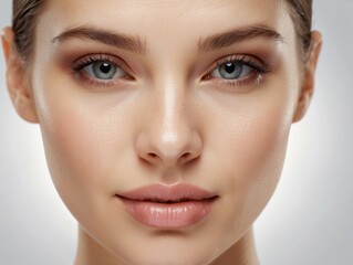 Obraz premium Close-up Portrait of a Young Woman with Soft Makeup and a Subtle Smile