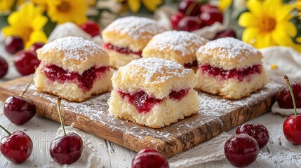   A wooden cutting board featuring pastries dusted with powdered sugar and cherry toppings, surrounded by yellow flowers and daffodils