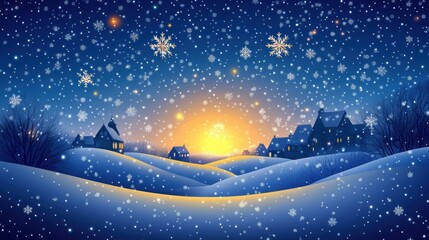 Fototapeta premium A winter scene with snow falling and a house in the distance, AI