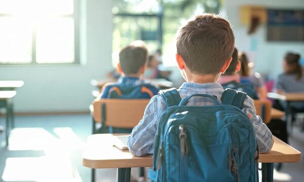 Students in classroom with backpacks, facing teacher, sunlight through windows
