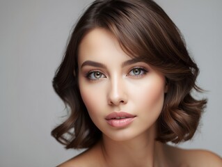 Obraz premium Close-up Portrait of a Woman with Brown Hair and Makeup