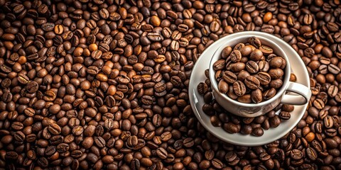 Fototapeta premium Cup of coffee beans, coffee, beans, cup, beverage, aroma, organic, roasted, morning, brew, caffeine, drink, dark, brown