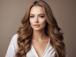 Fototapeta premium Portrait of a Beautiful Woman with Long Brown Hair and Makeup