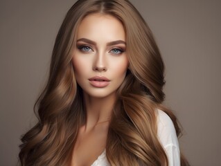 Naklejka premium Close-up Portrait of a Woman with Long Brown Hair