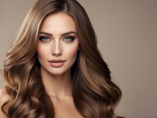 Naklejka premium Portrait of a Woman with Long, Wavy Brown Hair and Blue Eyes